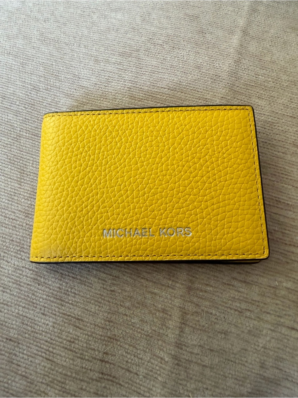 Michael Kors Yellow Pebbled Leather Card Case with Silver Logo